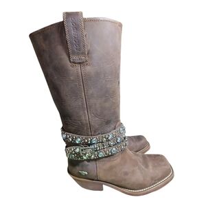 Rocket Dog Western Leather Boots Rhinestone Studded Harness Brown Women’s